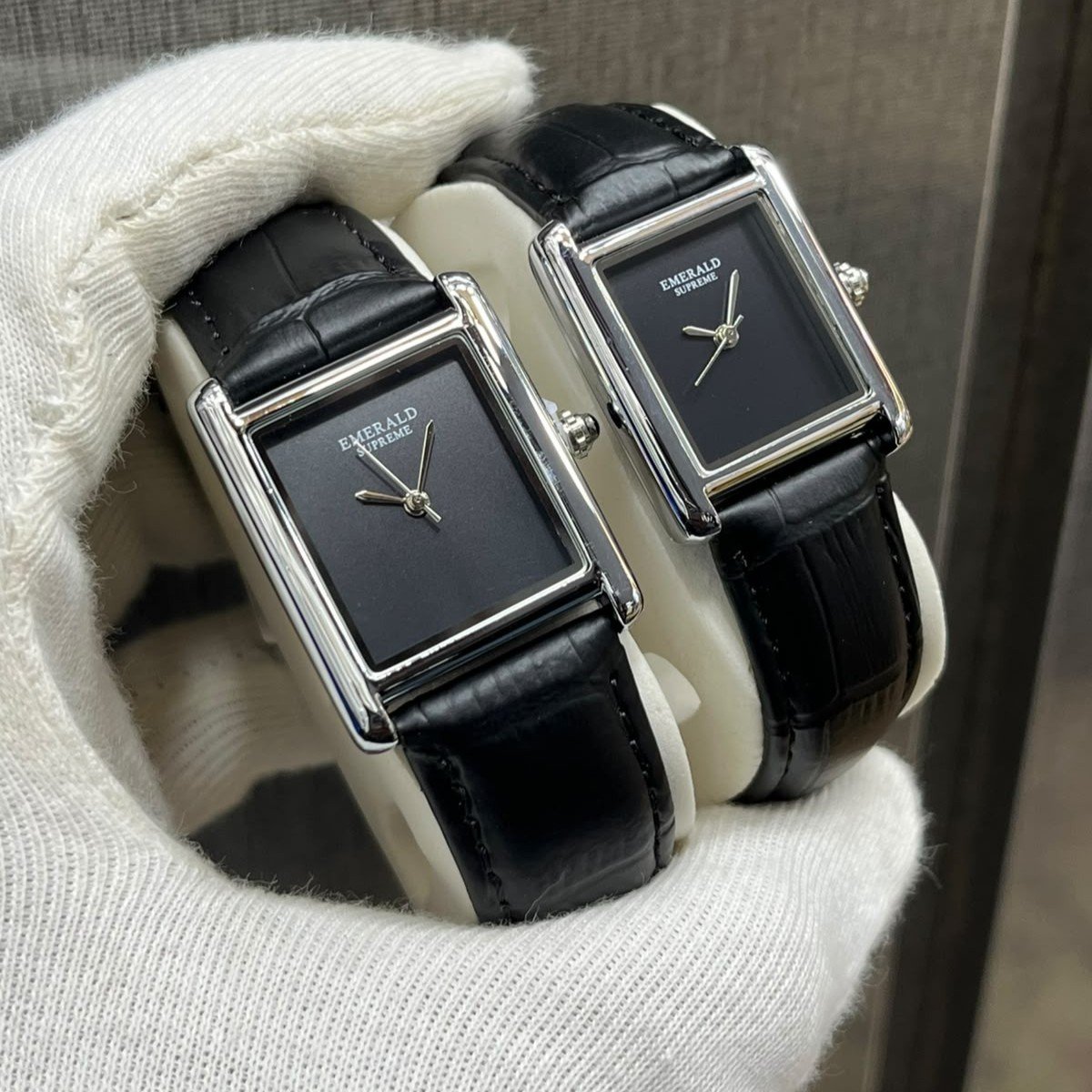 Emerald Supreme Couple Watches - Rectangular Black Dial with Silver Case & Black Leather Strap - His & Hers Set